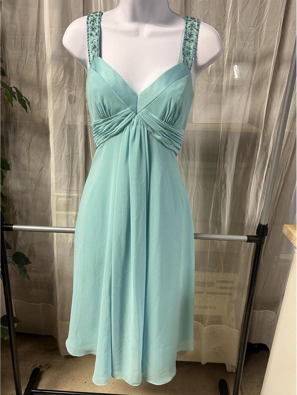David's Bridal Turquoise Blue Beaded Strap Chiffon Cocktail Dress Womens Size 4